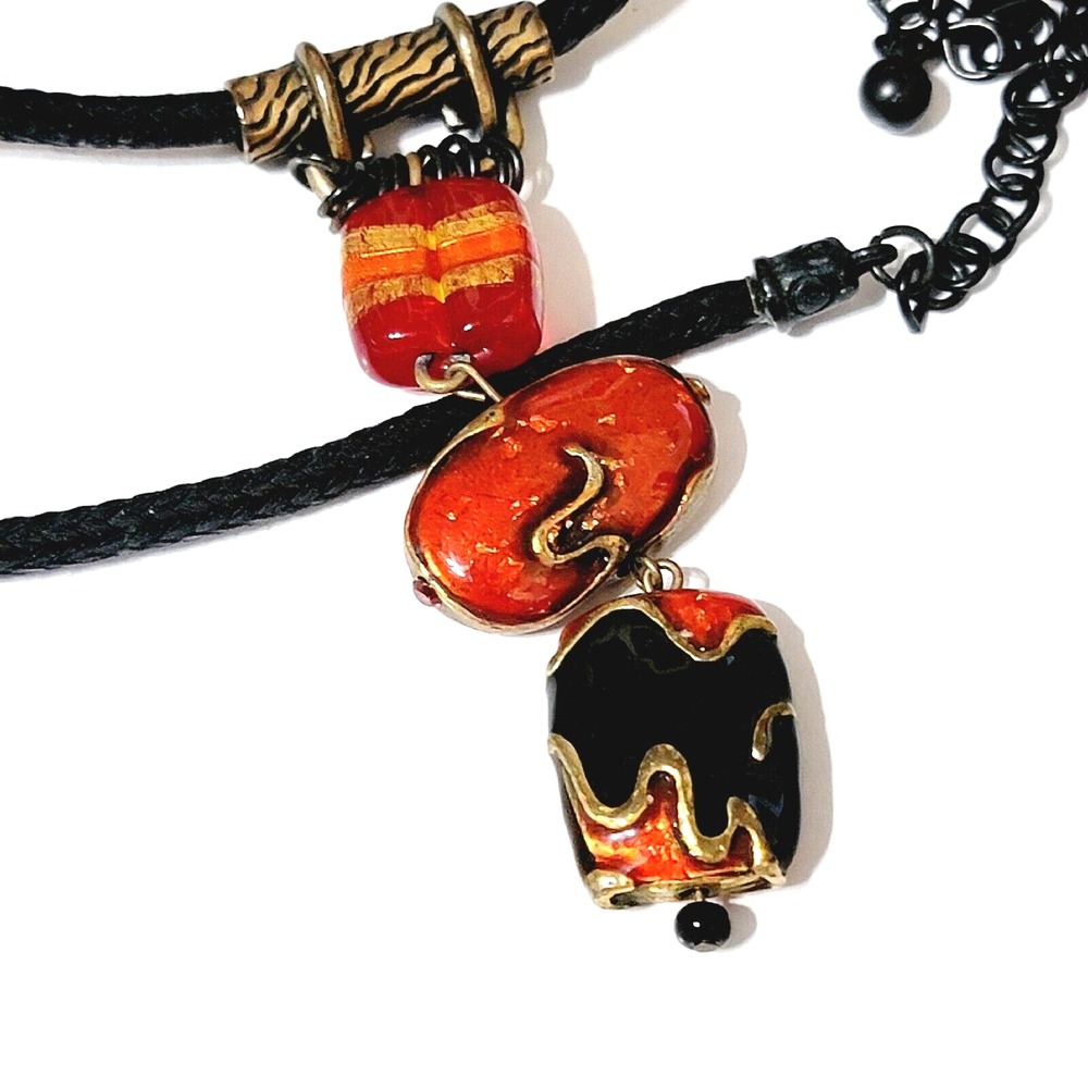 Vintage Red Choker Necklace Chico's Glass Enamel Pendant Retro Jewelry